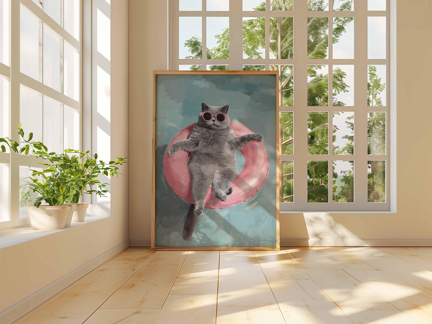 Funny Cat , Floating Cat Art Print, Summer Pool Wall Art