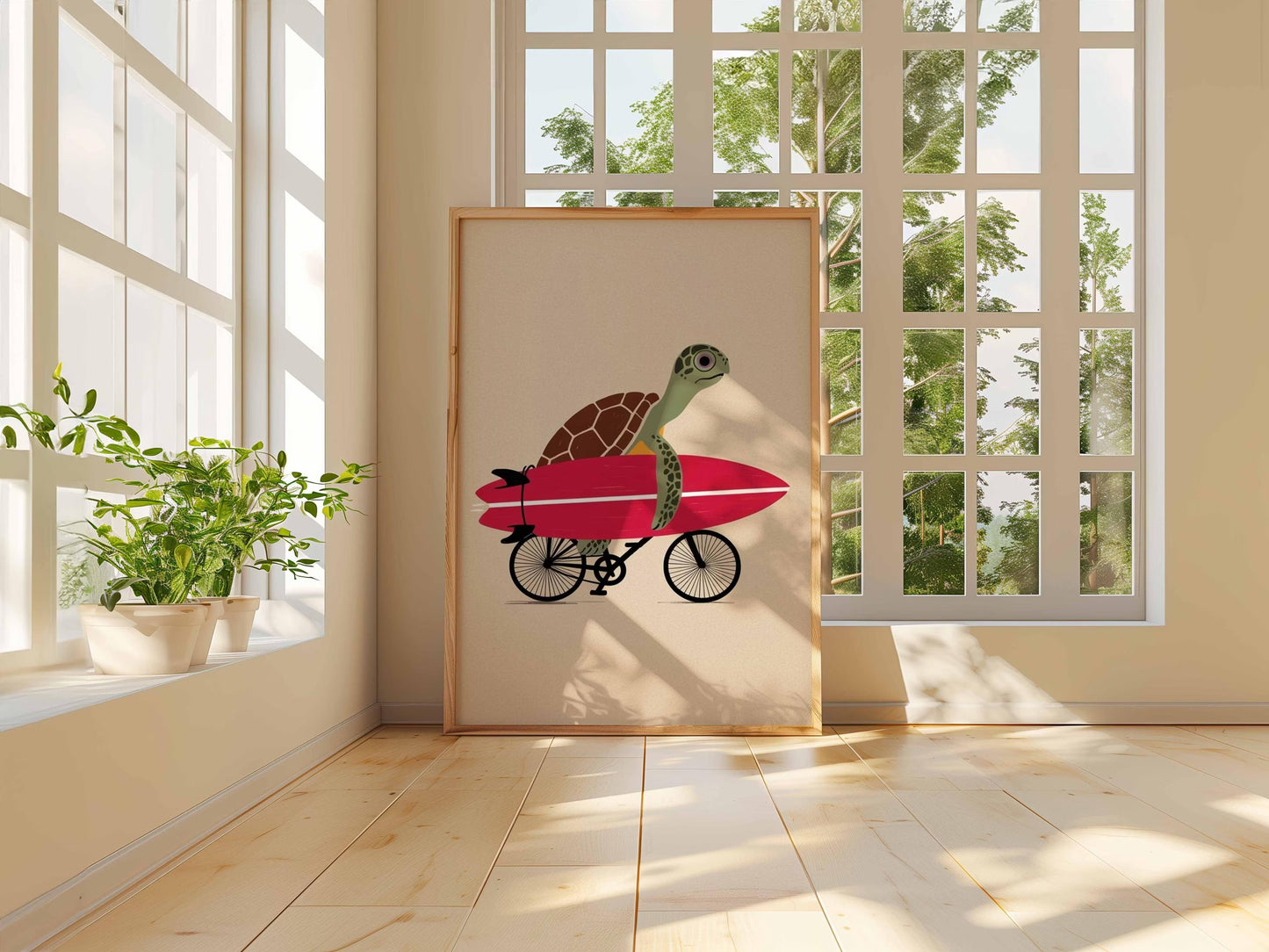 Surfing Turtle Print – Funny Beach Wall Art Ocean Animal Illustration