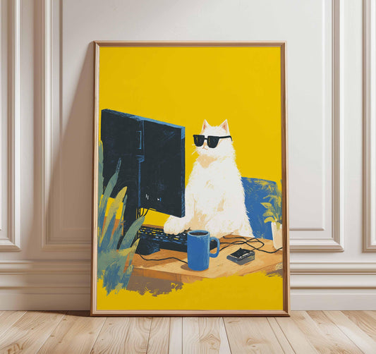Cool Cat Computer Print , Funny Animal Wall Art