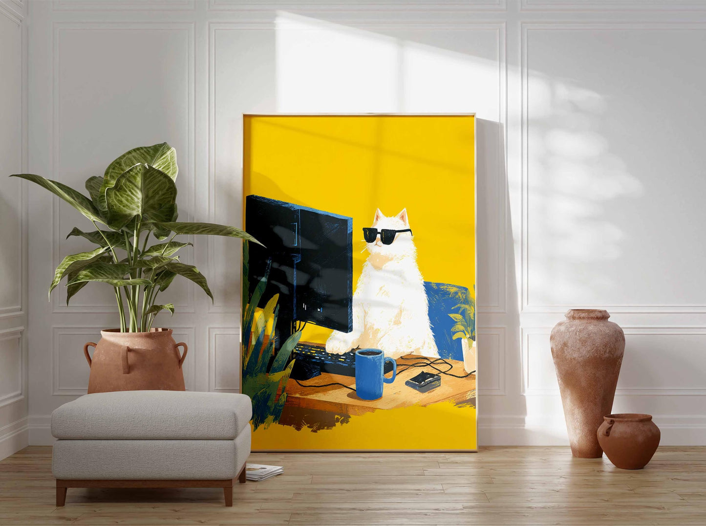 Cool Cat Computer Print , Funny Animal Wall Art