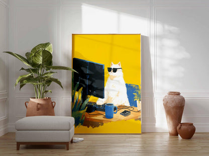 Cool Cat Computer Print , Funny Animal Wall Art