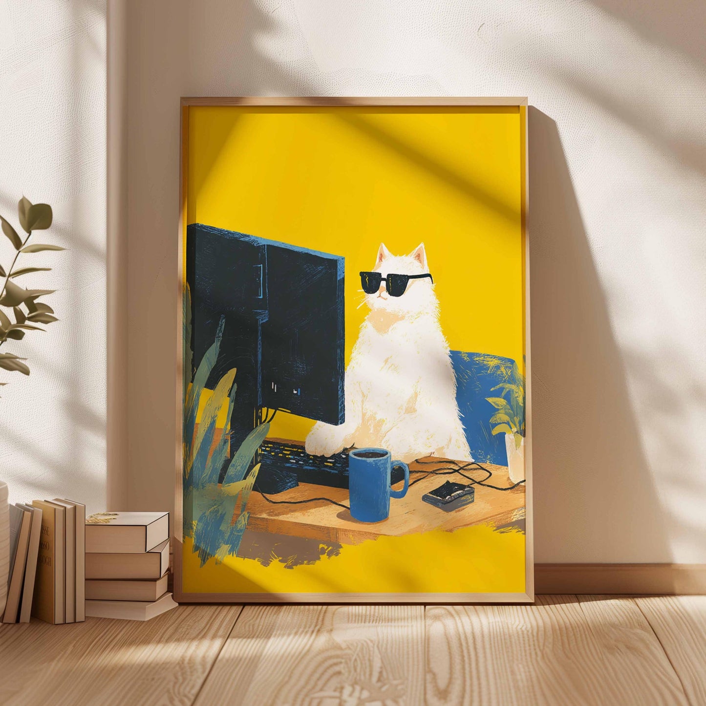 Cool Cat Computer Print , Funny Animal Wall Art