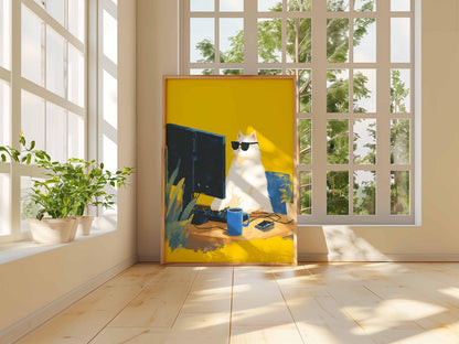 Cool Cat Computer Print , Funny Animal Wall Art