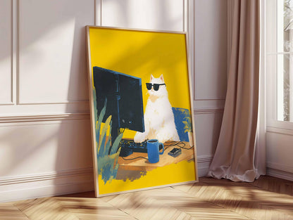 Cool Cat Computer Print , Funny Animal Wall Art