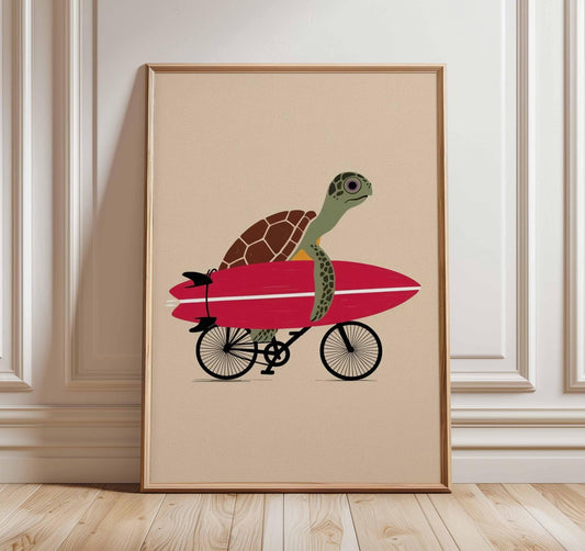 Surfing Turtle  Print – Funny Beach Wall Art Ocean Animal Illustration