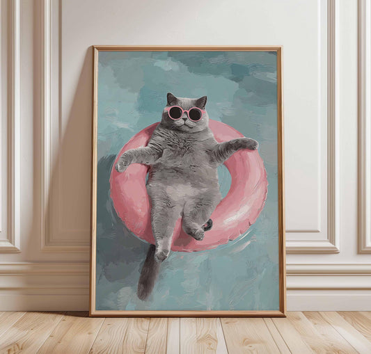 Funny Cat , Floating Cat Art Print, Summer Pool Wall Art