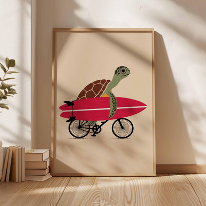 Surfing Turtle  Print – Funny Beach Wall Art Ocean Animal Illustration