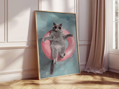 Funny Cat , Floating Cat Art Print, Summer Pool Wall Art