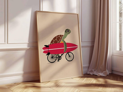 Surfing Turtle  Print – Funny Beach Wall Art Ocean Animal Illustration